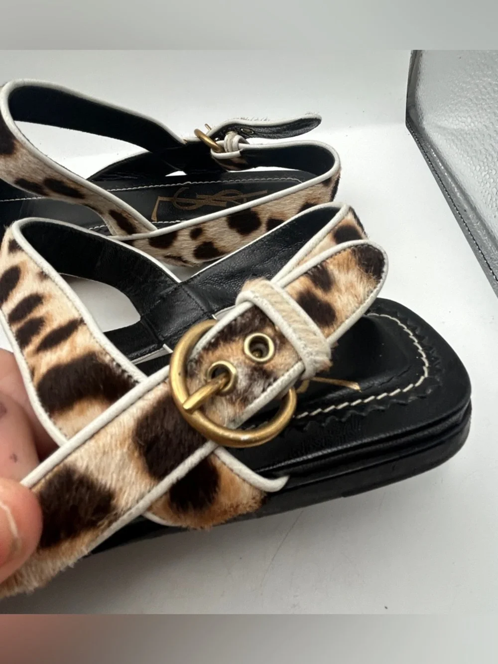 Womens YSL Leopard Calf Hair Sandals Flat Strappy Square Toe Italy 40 luxury - Picture 7 of 13